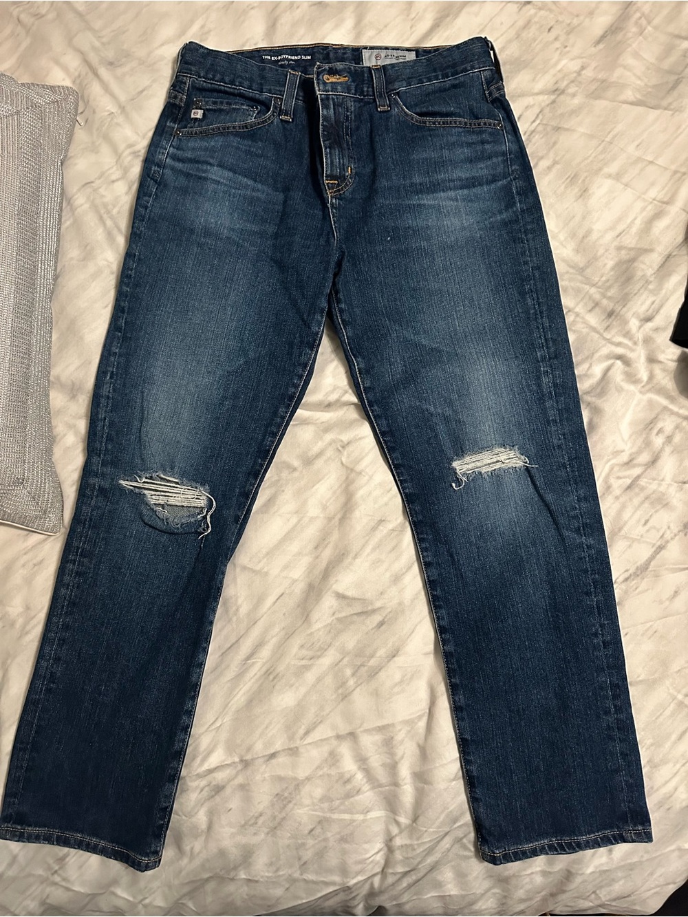 Ag Adriano Goldschmied Boyfriend Jeans in Medium/Dark Blue with Knee Distress